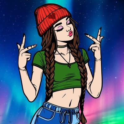 realistic teenage girl with braids and a beanie and crop top doing 🫶🏼