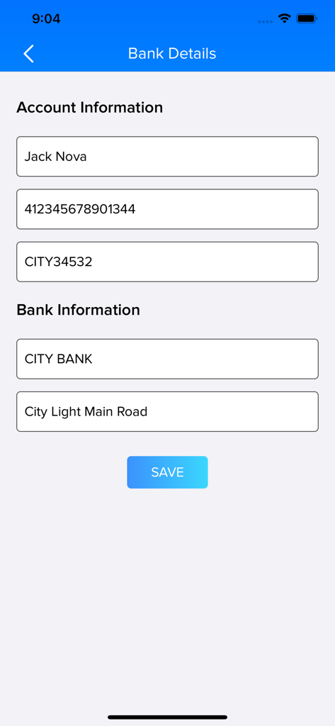 Dual Accounts - Parallel Space - A screenshot of the Bank Details input screen in the Dual Accounts Parallel Space app showing fields for account name, number, and bank information.