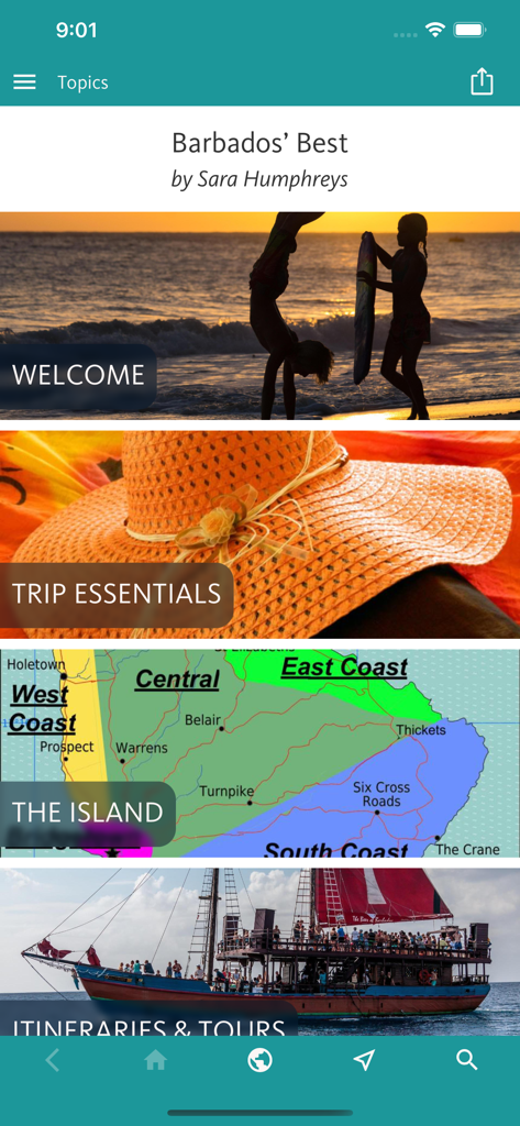 여행 계획 카테고리와 지역 지도가 포함된 바베이도스 최고 여행 가이드 앱의 메인 메뉴