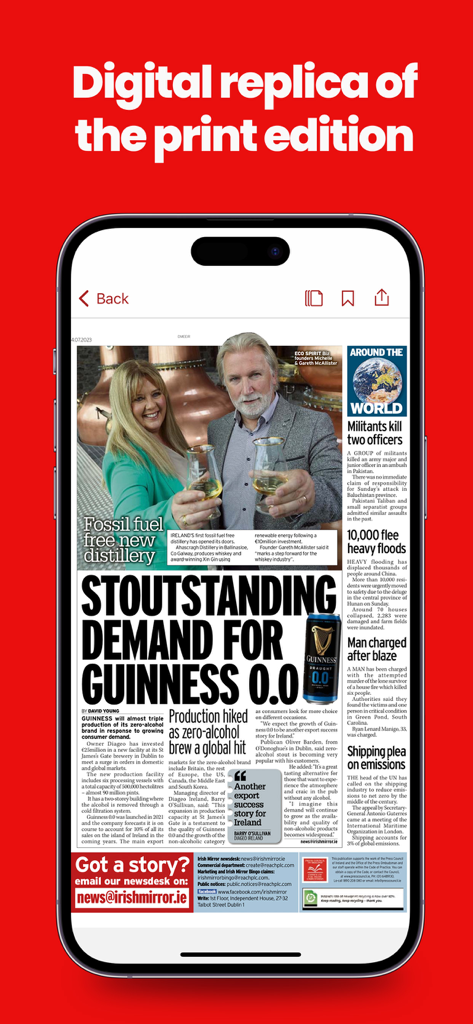 Une réplique numérique de l'édition imprimée de l'Irish Mirror affichée sur un smartphone.
