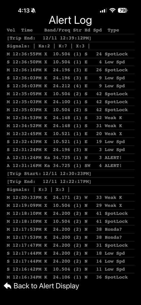 DS1 Companion - DS1 Companion app screen showing a detailed alert log with radar bands frequencies signal strength and vehicle speed