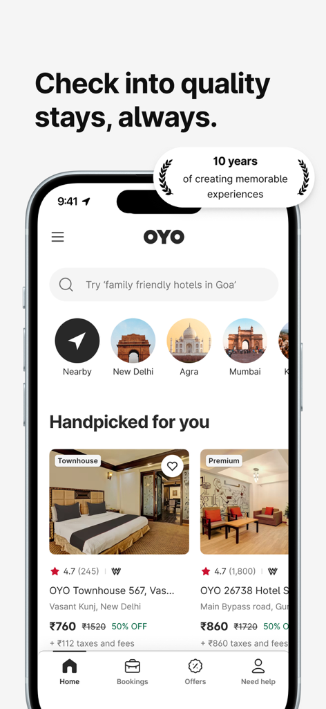 OYO: Hotel Booking App & Deals - OYOアプリのホーム画面。ホテルの検索オプションと割引された滞在が表示されています。