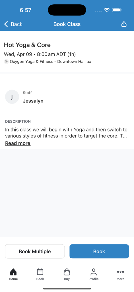 Oxygen Yoga & Fitness - Booking screen for a Hot Yoga and Core class at Oxygen Yoga and Fitness Downtown Halifax.