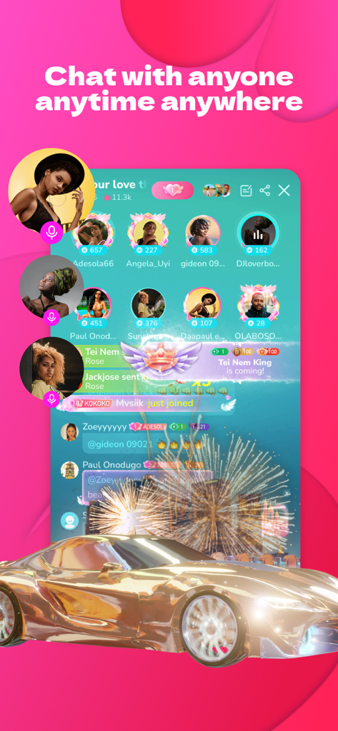 Boomlive-Audio&Live Stream - Boomlive app interface showing a social audio chat room with user avatars and virtual gift animations including a golden sports car.