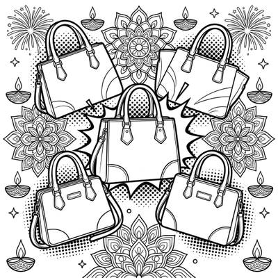 Dive into a vibrant celebration of style and tradition with this unique coloring page! Featuring fashionable handbags rendered in a bold Pop Art style, beautifully intertwined with festive Diwali elements like intricate rangoli and sparkling fireworks.