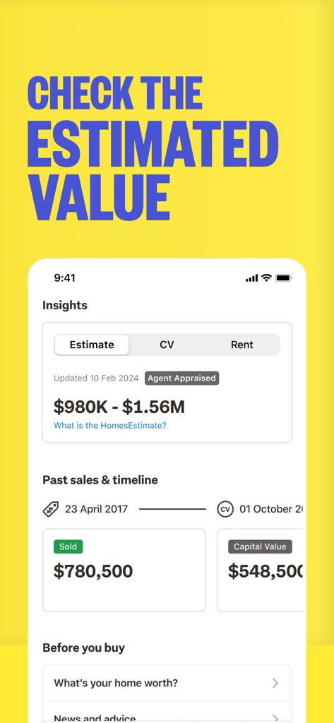Interfaz de la aplicación Trade Me Property que muestra estimaciones de valor de propiedades y precios de venta anteriores