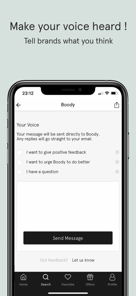 Good On You – Ethical Ratings - Good On You app interface for sending feedback and messages directly to fashion brands