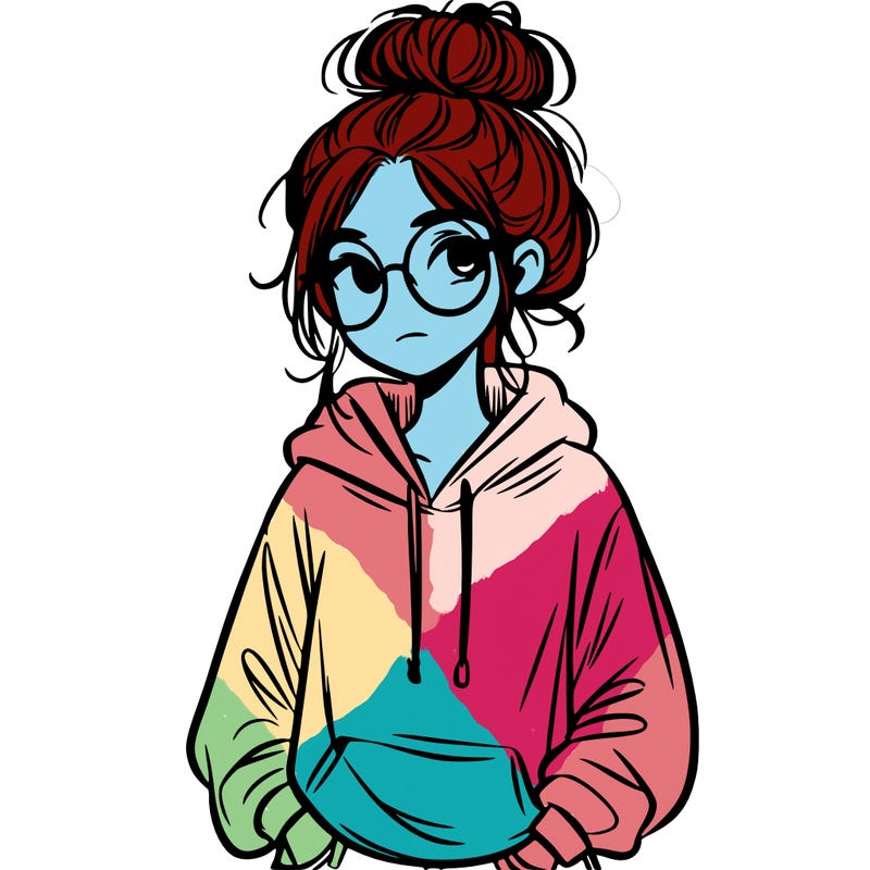 teen girl with a messy bun and glasses wearing a loose hoodie and jeans