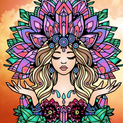 complex woman mandala flower and crystal crown