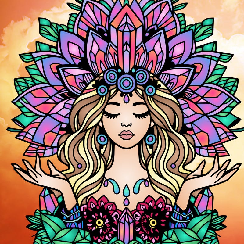 complex woman mandala flower and crystal crown
