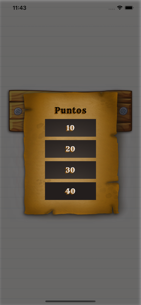 Anotador: Truco - Pantalla de selección de puntos con opciones para 10, 20, 30 y 40 puntos sobre un fondo estilo pergamino