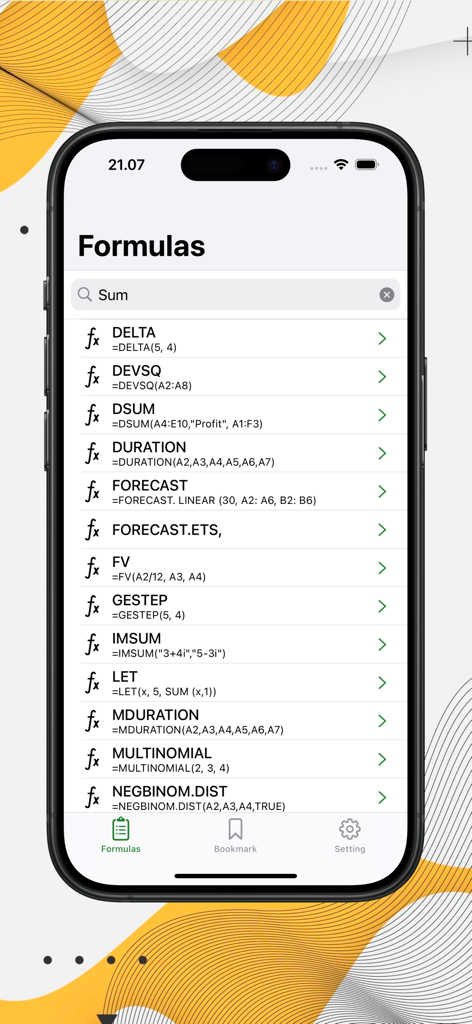 Excel Formulas Complete - Lista de funciones de Excel buscables dentro de la interfaz de la aplicación móvil.