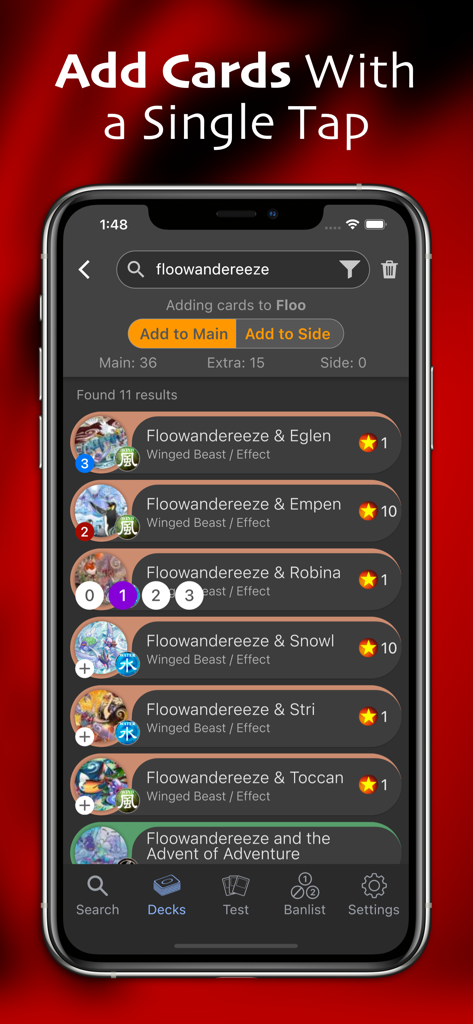 Yugipedia Deck Builder - Yugipedia Deck Builder search screen displaying Yu-Gi-Oh cards with single tap add functionality
