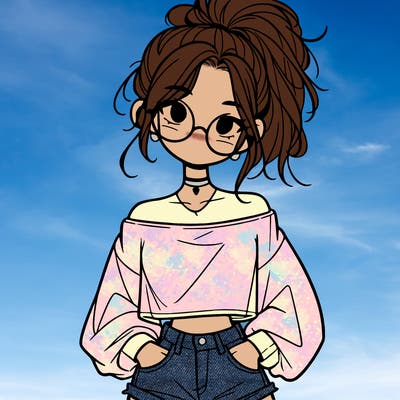 girl with a messy ponytail glasses a baggy crop top and jean shorts