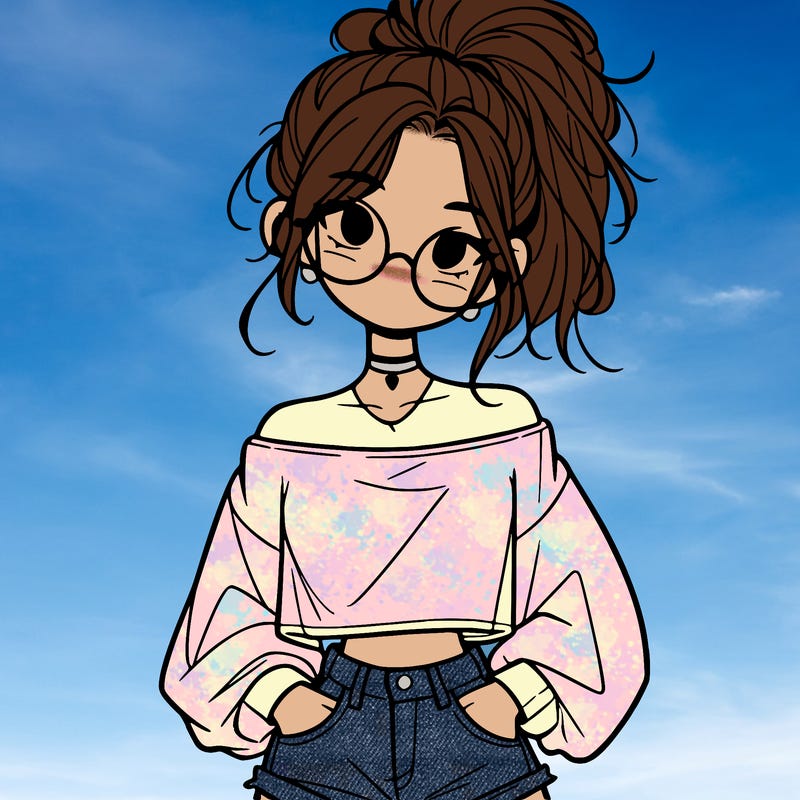 girl with a messy ponytail glasses a baggy crop top and jean shorts