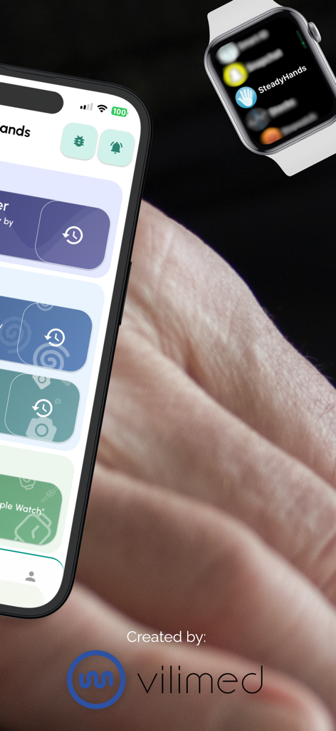 Steady Hands - tremor meter - Steady Hands tremor meter app interface on iPhone and Apple Watch over a hand background