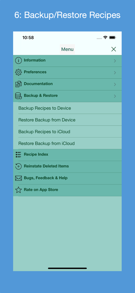 A screenshot of the Recipe Collector app menu showing backup and restore options for local device and iCloud storage