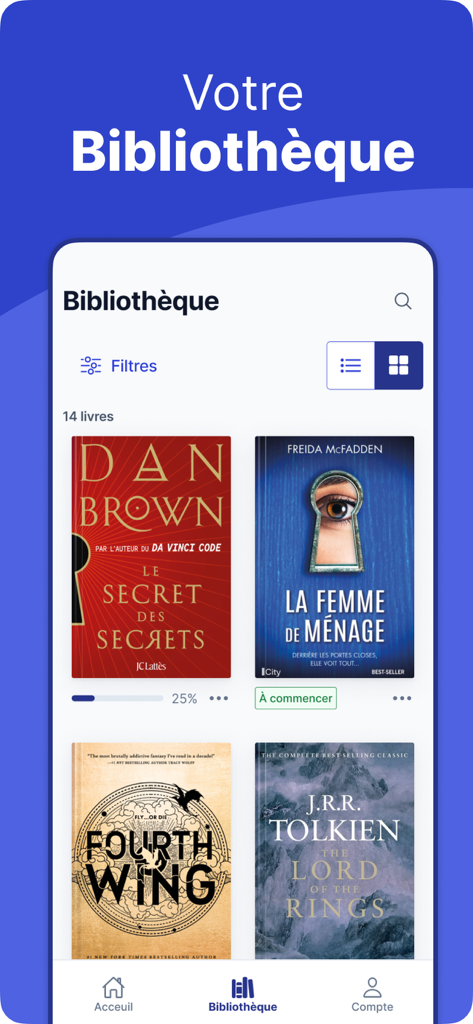 Vivlio - Vivlio 모바일 앱 라이브러리 인터페이스가 디지털 책 모음을 보여줌