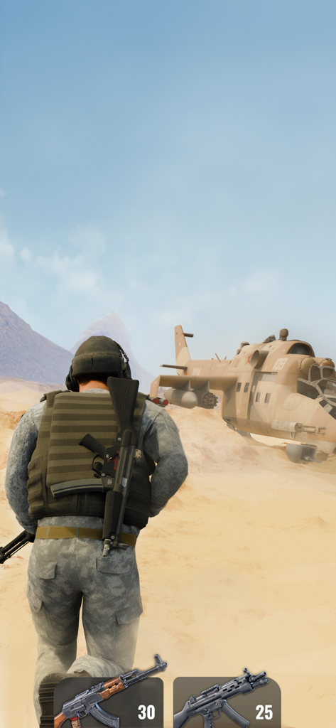 Shoot Out: Shooting Simulator - Vista en tercera persona de un soldado en un desierto acercándose a un helicóptero militar