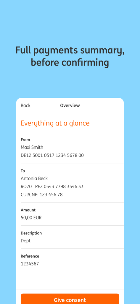 Una pantalla de aplicación móvil para ING Business Pro que muestra un resumen de pago con detalles de la transacción y un botón de dar consentimiento.