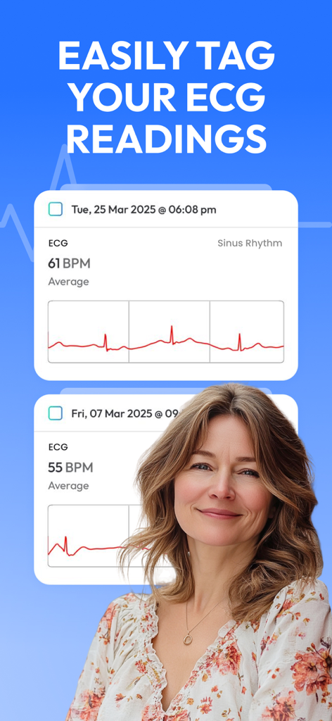 SmartBP app screen showing ECG readings heart rate graphs and a smiling woman
