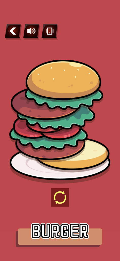 Antistress Toys -No Wifi Games - Una colorida pantalla de mini-juego de apilamiento de hamburguesas de dibujos animados.