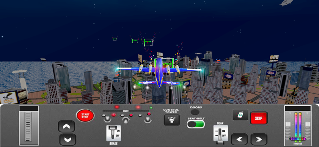 Airplane Simulator Flying Game - Avión azul volando sobre una ciudad por la noche con controles de vuelo en pantalla en un juego simulador