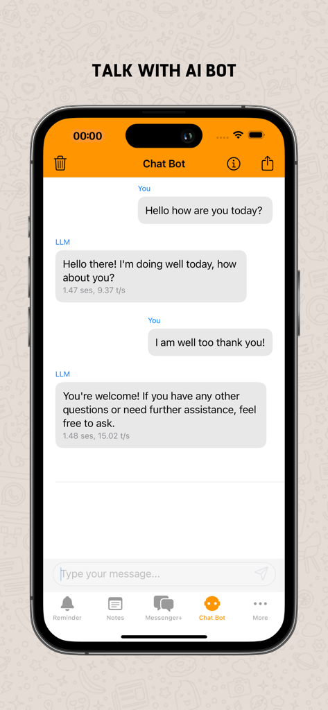 Dual Messenger+ - A mobile screen showing the AI chatbot feature of the Dual Messenger plus app with an active text conversation.