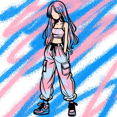 girl in baggy pants crop top and long hair