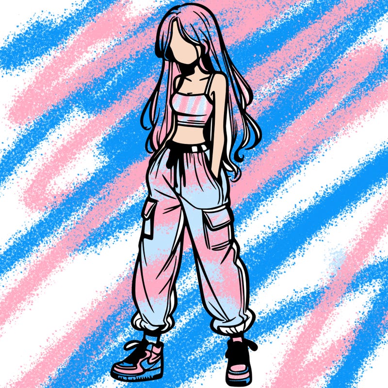 girl in baggy pants crop top and long hair