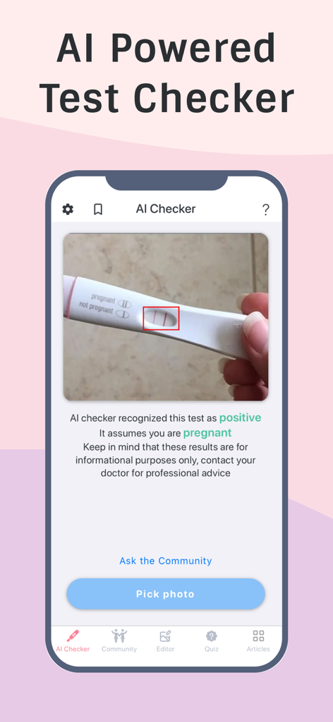 AI pregnancy test checker showing a positive scan result