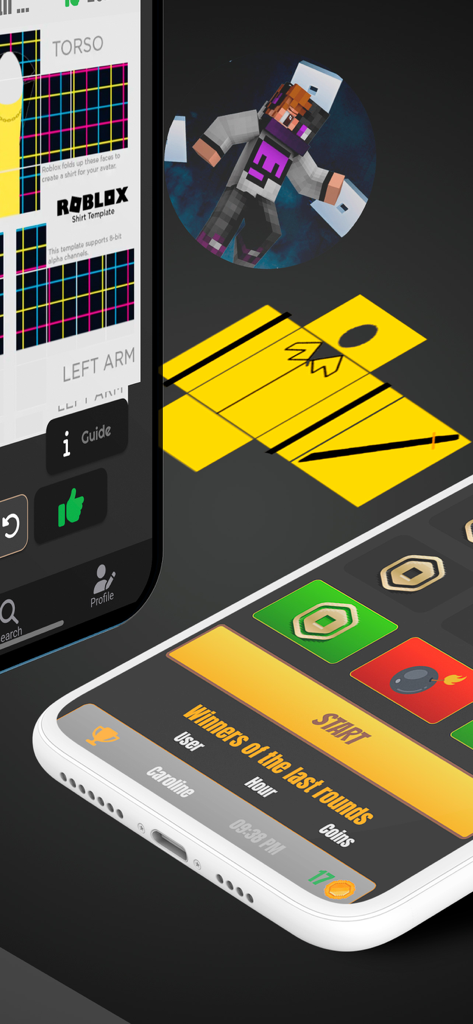 Interface de um criador de skins do Roblox mostrando templates de camisas e o mini-game Robux Boom