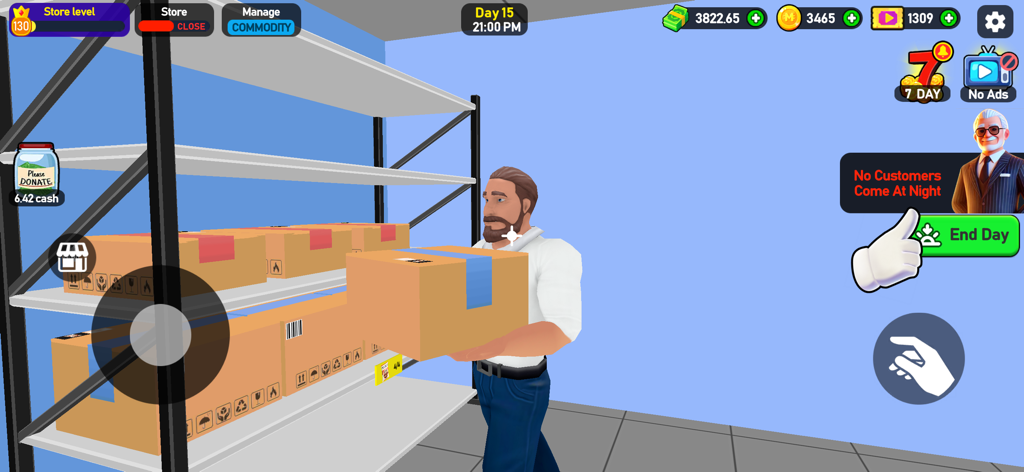 A character carrying a cardboard box to restock shelves in Supermarket Tycoon 3D