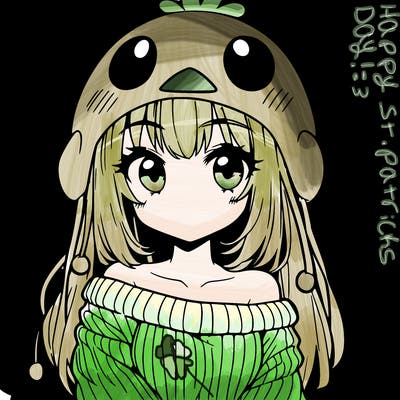 anime girl with chick shaped hat with sweater with bare shoulders with bangs covering them one eye with low tail