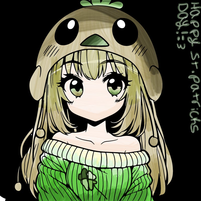 anime girl with chick shaped hat with sweater with bare shoulders with bangs covering them one eye with low tail