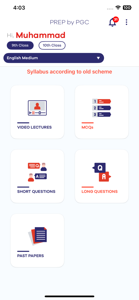 Prep by PGC | Free Matric - Dashboard of the Prep by PGC app for matriculation exam preparation showing study materials and course categories