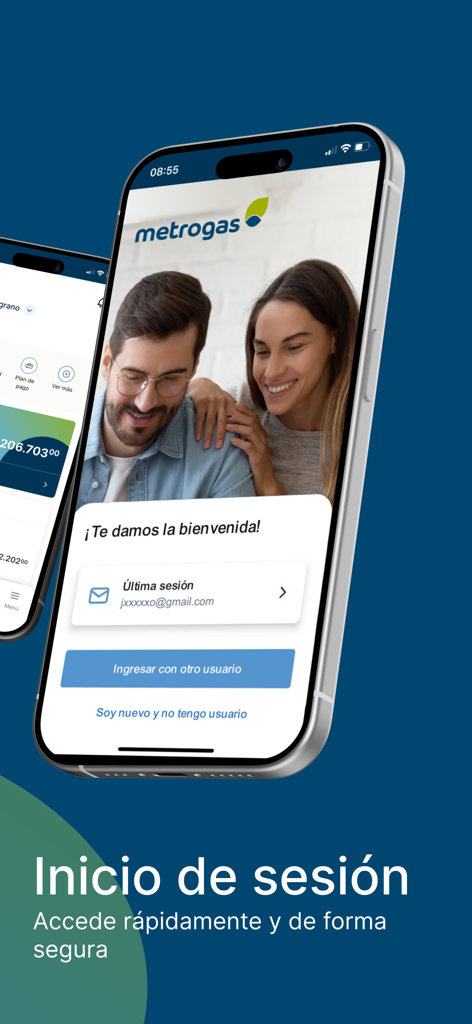Mi Metrogas - Mi Metrogas app login screen showing a couple and secure access options in Spanish