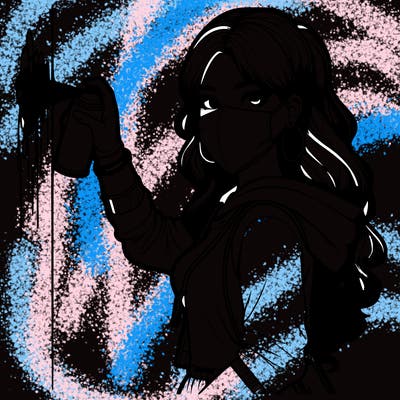 realistic girl with mask spray painting a wall