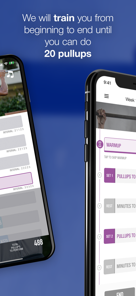 20 Pull Ups Trainer Challenge - 20 Pull Ups Trainer Challengeアプリのワークアウトプランとエクササイズ間隔を表示するスマートフォンの画面