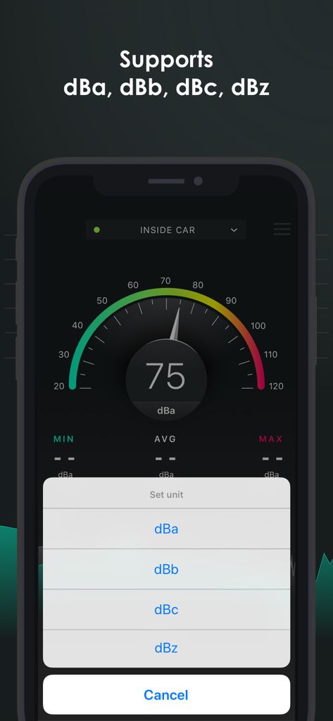 Interface of the Decibel app showing a sound level reading and a menu to select frequency weightings like dBa and dBc