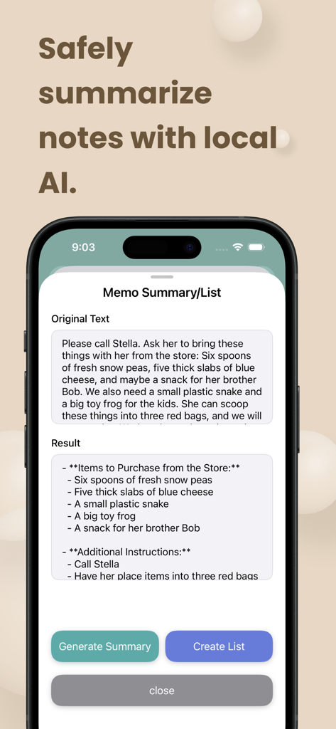 Widgets Sticky Note - A smartphone display showing the memo summary feature using local AI to convert a long note into a concise shopping list.