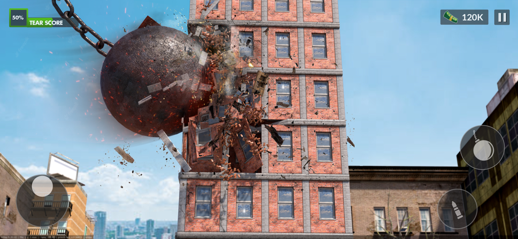 Uma bola de demolição a esmagar um edifício de tijolos num jogo de demolição de cidades