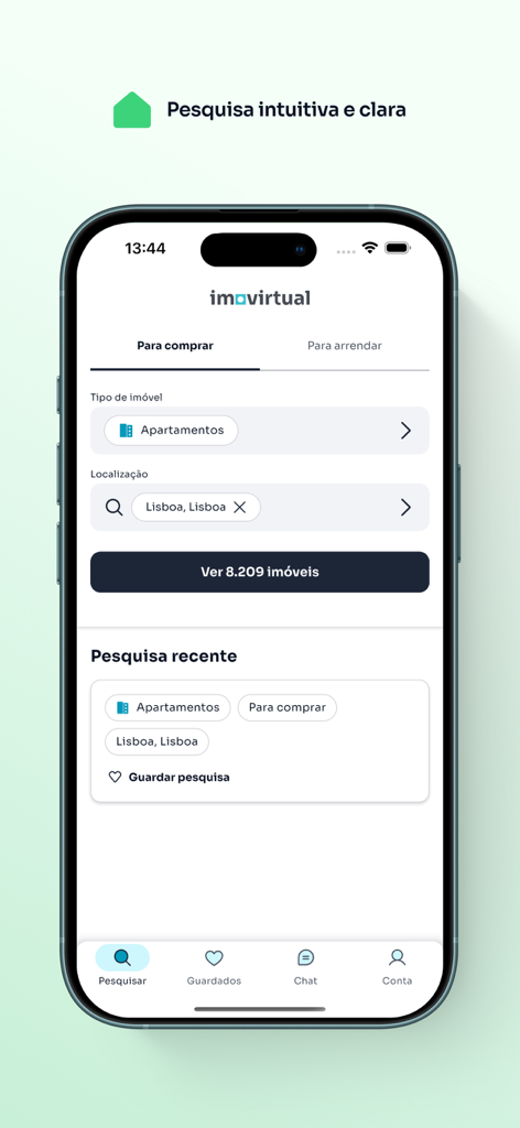 Interfaz de búsqueda de la aplicación Imovirtual que muestra filtros de propiedades para comprar apartamentos en Lisboa, Portugal