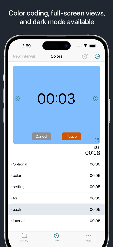 Next Up Pro - Interval Timer - Next Up Pro interval timer screen displaying color coded intervals and a large countdown