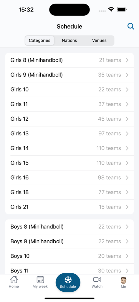 Partille Cup - Partille Cup app schedule screen showing tournament categories for girls and boys teams