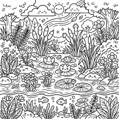 Discover the joy of coloring with this adorable Kawaii river plants page. Featuring smiling water lilies, fish, and charming cattails, it's a delightful way to bring an aquatic world to life with your favorite colors.