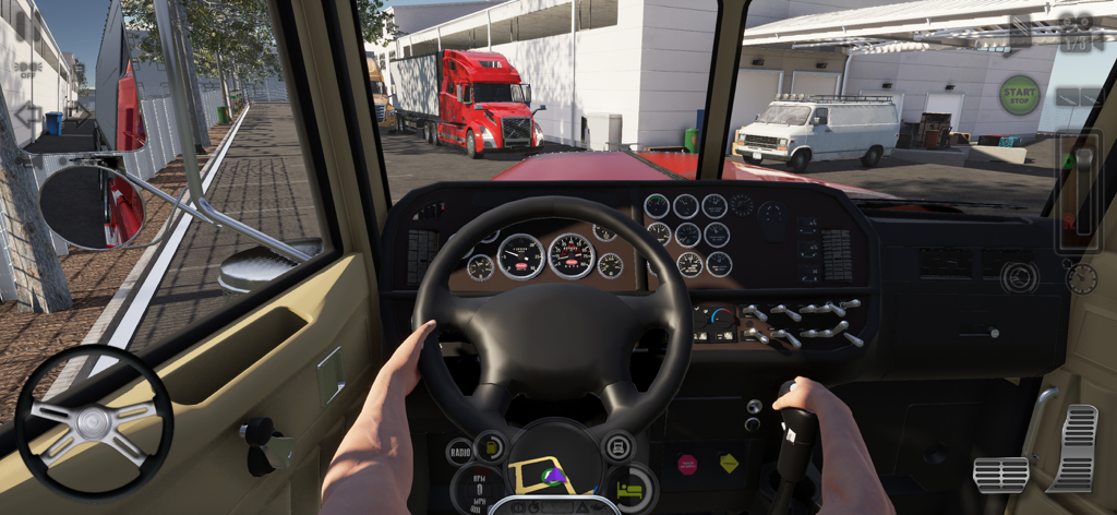 Truck Simulator USA Revolution - Vista de juego en primera persona del interior de un camión con controles de tablero detallados