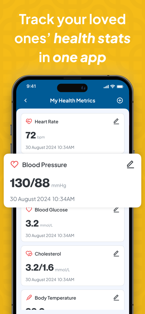 CareAide Manage Meds & Health - CareAide app screen showing a dashboard of tracked health metrics including heart rate and blood pressure