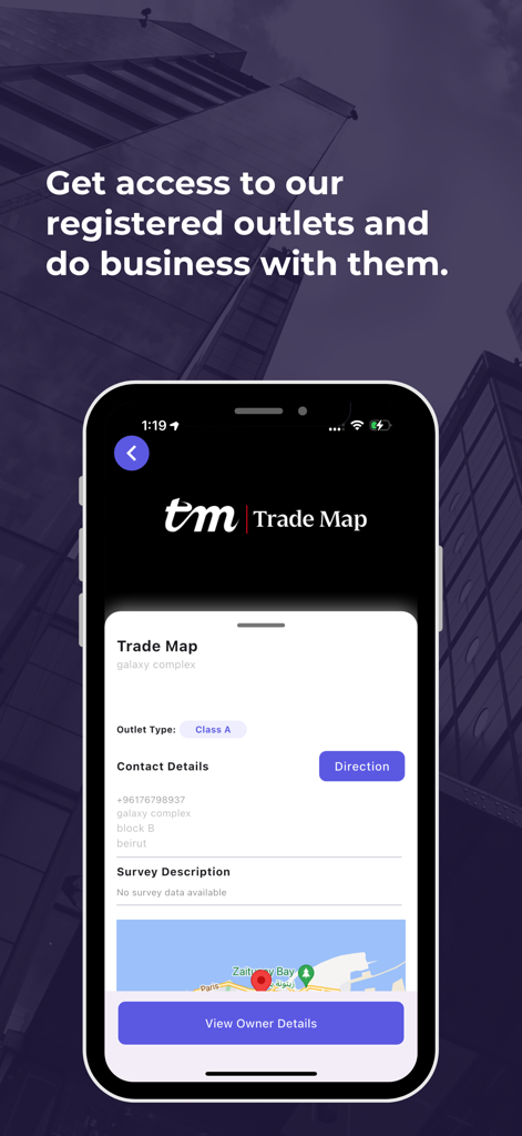 Mobile interface of Trade Map app showing registered outlet details and contact information