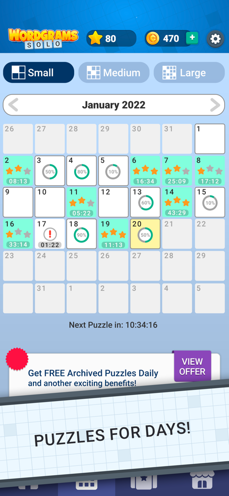 A calendar view in the Daily Crossword Arrow Solo app showing puzzle progress stars and completion status for different dates.